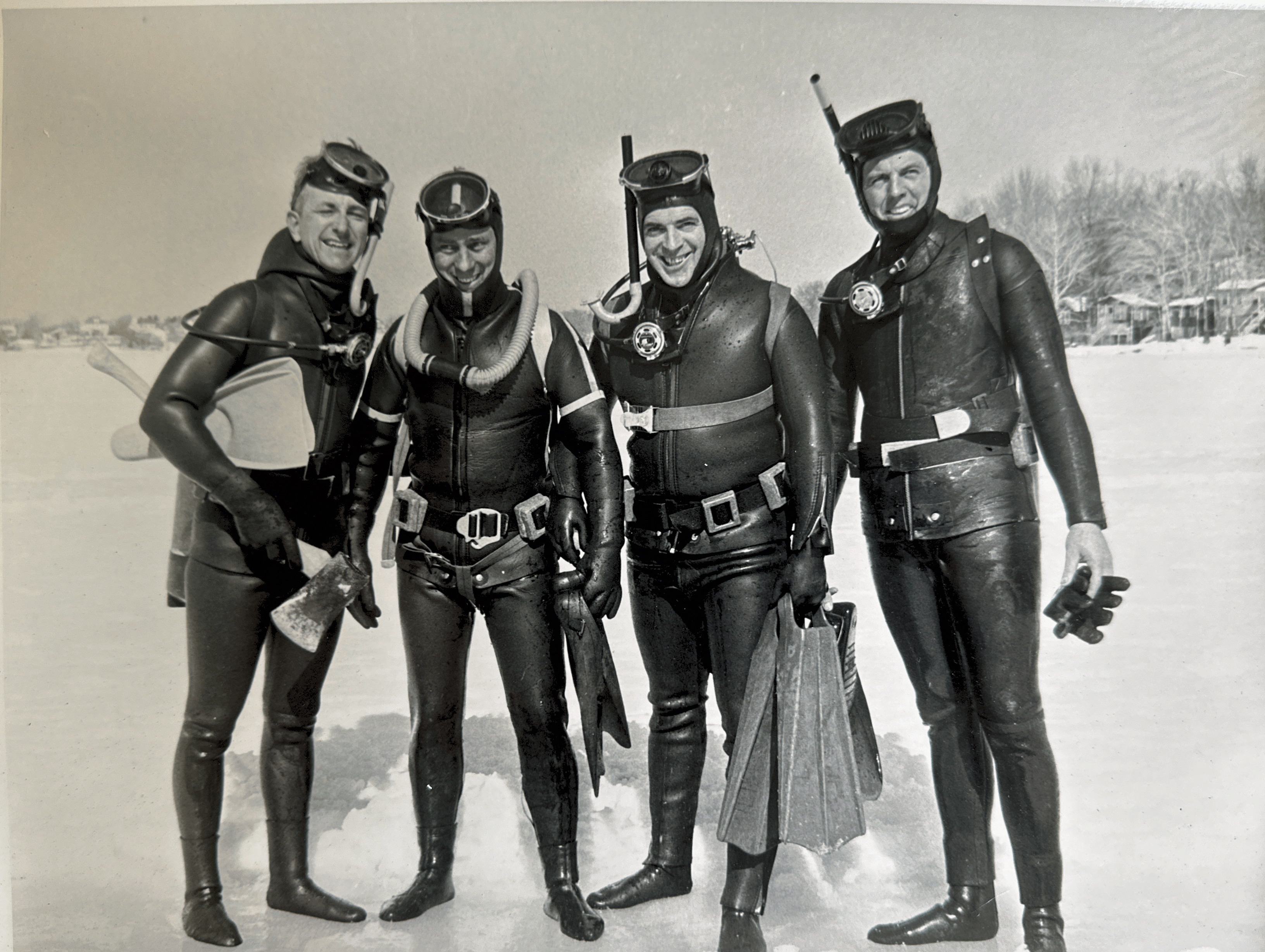 South Shore Skin Divers Club, Whitman’s Pond, Weymouth, MA. February 1966, 16“ of ice.
(Left to Right - D. Layton, B. Olson (President), B. Atran, Cliff Theriault)